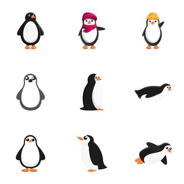 Penguin icon set. Cartoon set of 9 penguin vector icons for web design isolated on white background