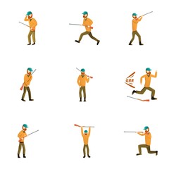 Fototapeta na wymiar Hunter man icon set. Cartoon set of 9 hunter man vector icons for web design isolated on white background