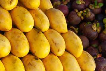 Mango and mangosteens lay on a counte