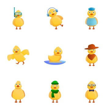 Yellow duck icon set. Cartoon set of 9 yellow duck vector icons for web design isolated on white background
