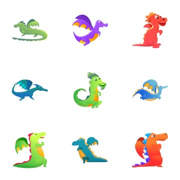 Dragons icon set. Cartoon set of 9 dragons vector icons for web design isolated on white background