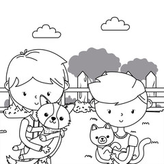 Boys with cat and dog cartoon design