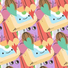 Fotobehang Seamless vector pattern with cute cartoon monsters and beasts. Nice for packaging, wrapping paper, coloring pages, wallpaper, fabric, fashion, home decor, prints etc © Drekhann