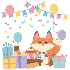 Kawaii fox with happy birthday cake design