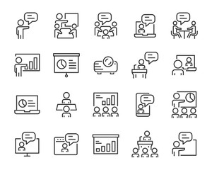 set of training icons, teaching, seminar, presentation, discussion