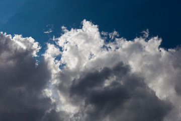 Cumulonimbus clouds in the blue sky. Harbingers of rain. Sky pattern.	