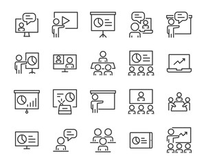 set of training icons, teaching, seminar, presentation, discussion