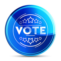 Vote badge icon glassy vibrant sky blue round button illustration