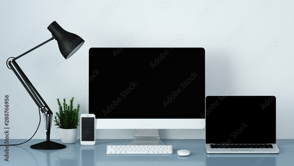 Wall mural mouckup notebook and computer on the table in front of the white wall 3d rendering, element for grap