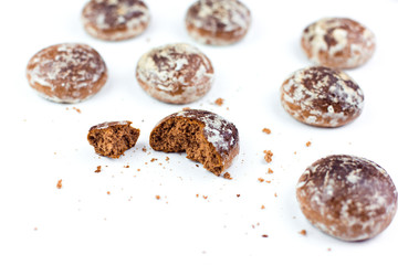 Chocolate cookies, homemade pastry, gingerbread, sugar dessert. A lot of cookies on isolated white background