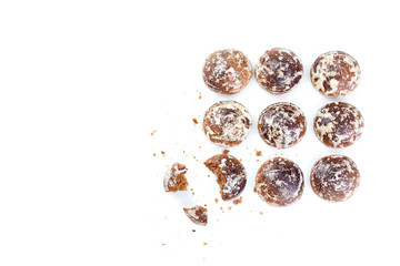 Chocolate cookies, homemade pastry, gingerbread, sugar dessert. A lot of cookies on isolated white background