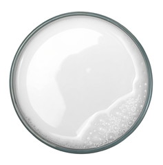 Glass of milk with bubbles isolated on white background, top view, clipping path 