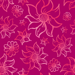 Floral seamless pattern with hand drawn roses. Pink flowers on dark background.