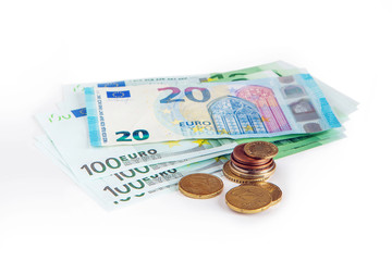 Banknotes of 20 and 100 euros on a white isolated background. Saving. The currency of the European Union.