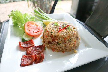 stir-fried rice with deep fried sausage