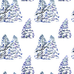 Seamless pattern with snowy forest trees. Watercolor illustration on white background.