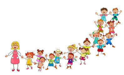 Happy children from kindergarten. Joyful little kids and a teacher. A group of children with a teacher on a walk. Group of cheerful, smiling children on a white background