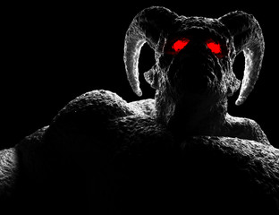 Powerful demon, devil, imp, monster with twisted horns, luminous eyes, muscle hillocks and scary skin. 3d render