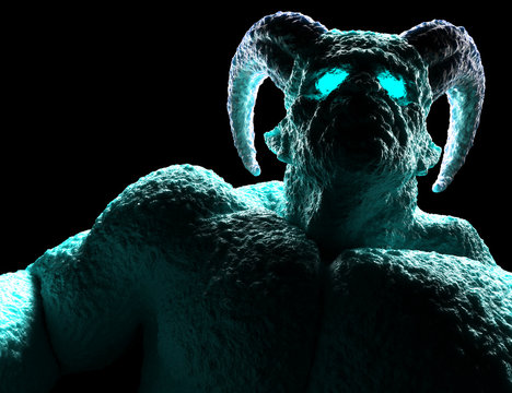 Powerful demon, devil, imp, monster with twisted horns, luminous eyes, muscle hillocks and scary skin. 3d render