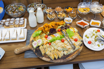 Buffet table, breakfast in hotel restaurant