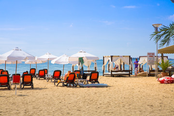 Bulgaria, Sunny Beach. Line of sunbeams at the Sunny Beach next to Helena Palace hotel.