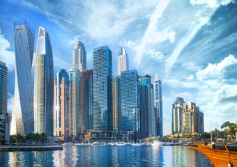 Dubai, UAE United Arabs Emirates. Panoramic view of Dubai skyscrapers at the coast. Skyscrapers and Persian gulf. 
