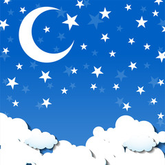 Background of moon and stars sky. Clouds, moon, stars