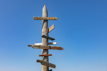 wooden and multicolored travel traffic signpost pointing from Sweden towards places around the world and saying their distance in miles