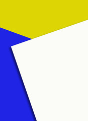 White blank paper sheet on blue and yellow background design template.