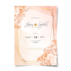 Vintage watercolor rose bouquet wedding invitation template layout, geometric golden frame cover vector