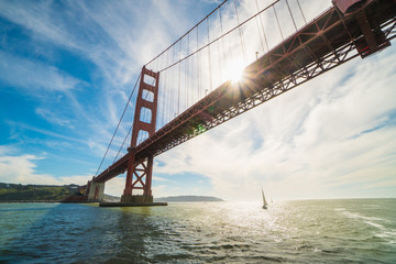 View of the beautiful famous Golden Gate Bridge in San Francisco, California at daylight