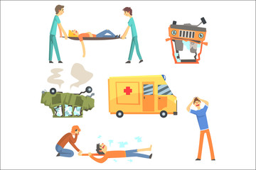 Car Road Accident Resulting In People Health Damage And Ambulance Helping The Victims Set Of Stylized Cartoon Illustrations