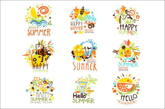 Happy Summer Vacation Sunny Colorful Graphic Design Template Logo Set, Hand Drawn Vector Stencils