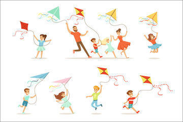 Kids and their parents running with kite happy and smiling. Cartoon detailed colorful Illustrations