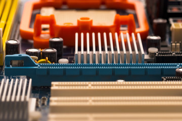 Details of the motherboard close-up. Electronic technology. Computer components.