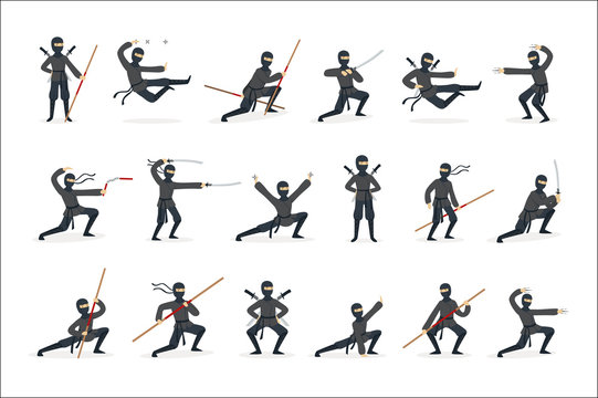 Japanese Ninja Assassin In Full Black Costume Performing Ninjitsu Martial Arts Postures With Different Weapons Set Of Illustrations.
