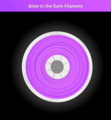 Vector illustration of violet or purple glow in the dark filament for 3D printing wounded on the spool. Plastic pla or abs material shining in the dark for a 3D printer. Icon is on a dark background.