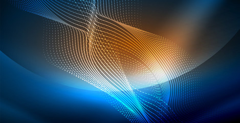 Naklejka premium Glowing abstract wave on dark, shiny motion, magic space light. Vector techno abstract background