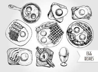 Ink hand drawn set of various egg dishes for breakfast. Food elements collection for menu or signboard design. Vector illustration. - 280782312