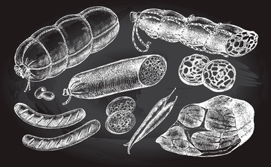 Ink hand drawn set of various sausages, ham, salami, meat products. Food elements collection for menu or signboard design. Vector illustration.
