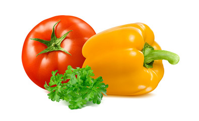 Tomato, yellow bell pepper and green parsley isolated on white background