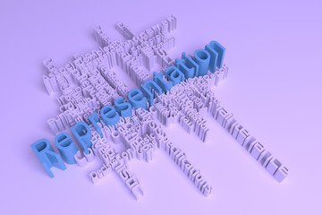 Representation, business keyword words cloud. For web page, graphic design, texture or background. 3D rendering.