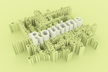 Routine, business keyword words cloud. For web page, graphic design, texture or background. 3D rendering.