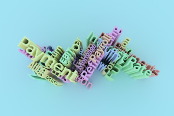 3D business keyword and words cloud. For web page, graphic design, texture or background. CGI rendering.