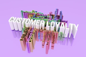 Customer Loyalty, marketing keyword words cloud. For web page, graphic design, texture or background. 3D rendering.