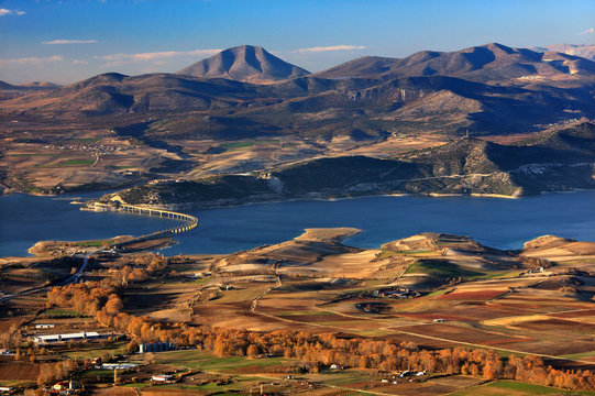 The "High" bridge of Servia (1372 meters long) and Polyfytos lake, Kozani, Macedonia, Greece.