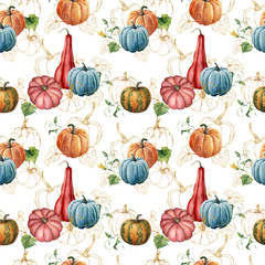 Watercolor seamless pattern with golden gourds composition. Hand painted pumpkins with leaves isolated on white background. Botanical illustration for autumn festival, design, print or background.
