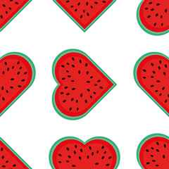 Seamless pattern with watermelon in the shape of a heart. Summer background about love for watermelons. Suitable for the design of summer banners and festivals. For the holiday world day of watermelon