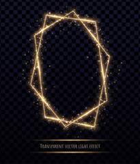 Glowing gold polygonal frame with light effects isolated on transparent background. Shining multangular border with glowing sparkles.