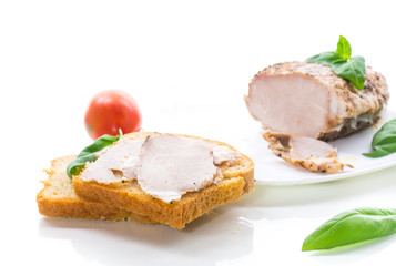 Fototapeta na wymiar sandwich with home baked meat isolated on white